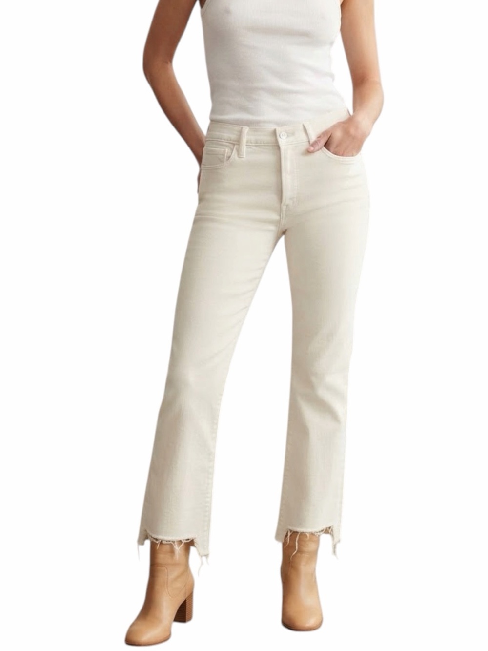 MOTHER Insider Crop Step Fray Jeans White Glass Slipper High Rise Flares Size 30